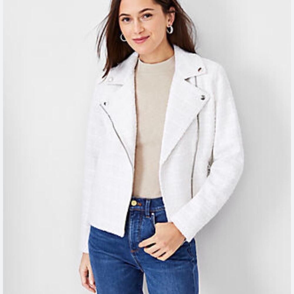 NWT Ann Taylor Petite Tweed Moto Jacket Cream Winter White Size 6P Zip Pockets
